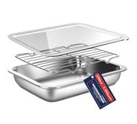 WAGENSTEIGER Juego de recipientes de acero inoxidable para preparación de alimentos con estante y tapa transparente, sartén para bufé, sartén de catering, para descansar carnes y asar al horno,