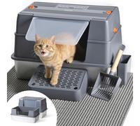 Wagora Caja de arena cerrada de acero inoxidable con tapa, caja de arena de metal extra grande para gatos grandes, caja de arena extraíble para gatos con recinto de lados altos, cuchara, estribo de