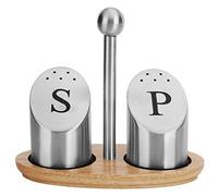 WAHEWUD 2 Pcs Salt and Seasoning Shakers Set with Wooden Stand 304 Stainless Steel Seasoning Pots for Kitchen Dining Table Picnic Metal Condiment Jars for Home Restaurant use