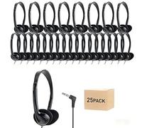 WAHUWAY Paquete de 25 auriculares a granel para niños, estudiantes, escuela, aula, auriculares a granel ajustables con conector de 3.5 mm para biblioteca, niños y adultos (004 auriculares negros)
