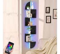 Waipfaru Estante esquinero, estantería de 5 niveles con luz LED, estante de esquina montado en la pared, estantes flotantes para pared, soporte de exhibición para dormitorio, sala de estar, baño