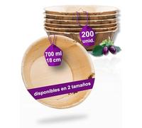 Waipur 200 Cuencos Desechables de Hoja de Palma Ecológicos -18 cm/ 700 ml - Vajilla Orgánica Elegante - Estable, Natural y Biodegradable - Menaje para Fiestas, Barbacoas y Picnic- Boles Sopa