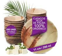 Waipur 200 Cuencos Desechables de Hoja de Palma Orgánicos - 11 cm/ 200 ml - Vajilla Ecológica -Estable, Natural y Biodegradable - Platos Elegantes para Fiestas o Aperitivos - similar al Bambu