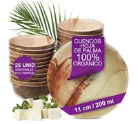 Waipur 25 Cuencos Desechables de Hoja de Palma Orgánicos - 11 cm/ 200 ml - Vajilla Ecológica Elegante - Estable, Natural y Compostable - Menaje para Aperitivos o Fiestas - Estilo Madera