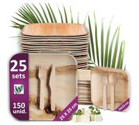 Waipur Platos Desechables de Hoja de Palma y Cubiertos de Madera - 25 Grandes y 25 de Postre, 50 Tenedores, 25 Cuchillos y 25 Cucharas - Vajilla Ecológica - Elegantes para Fiestas - similar al Bambu