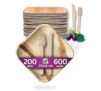 Waipur Platos Desechables de Hoja de Palma y Cubiertos de Madera - Set de 200 Cuadrados 25x25 cm, Cuchillos y Tenedores - Vajilla Ecológica y Elegante - como Bandejas de Bambu - Menaje Descartable
