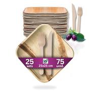 Waipur Platos Desechables de Hoja de Palma y Cubiertos de Madera - Set de 25 Cuadrados 25x25 cm, Cuchillos y Tenedores - Vajilla Biodegradable - Elegantes para Fiestas - como Menaje de Bambu