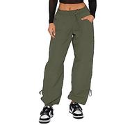 Waitfairy Pantalones cargo para mujer, cintura elástica con cordón, pantalones de paracaídas holgados para mujer, pantalones inferiores Y2K con múltiples bolsillos, 03 Verde militar, X-Small