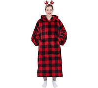 Waitu Manta con capucha para adultos y niños, cálida y acogedora, regalo ideal, gigante, mujeres y hombres, manta de franela con mangas, cuadros rojos y negros