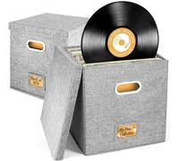 WAJJWI Cotton and Linen Fabric Storage Box, Foldable with Lid, Portable Home Vinyl Record Organizer para Discos(Grey)