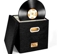 WAJJWI Cotton Linen Fabric Storage Box Foldable with Lid Home Vinyl Record Organizing para Discos(Black)