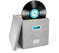 WAJJWI Vinyl Record Storage Box Case for LP Album Linen Fabric Crate Cube Bins with Lid para Discos(Gray)