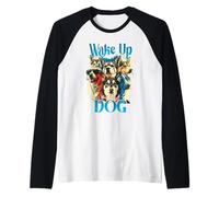 Wake Up Dog Lover Canine Collage Pop Art Gráfico Camiseta Manga Raglan