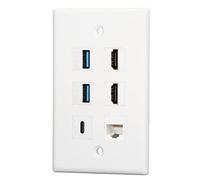 Wakects Placa de Pared 6 Puertos, 2 Interfaces HD, 2 USB 3.0, 1 Tipo C | ABS Housing, Cable Management en Pared, Enchufe RJ45 Cat6 Ethernet, Compatible con Cat5 Cat5e Cat6, Uso en HDTV y