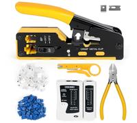 Wakhow Kit de herramientas de crimpado RJ45, crimpadora de paso Ethernet, kit de reparación de herramientas de crimpado de red Cat5 Cat6 Cat7 incluye probador de cables, mini pelacables, cuchillas, 50