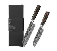 Wakoli EDIB Essentials juego de 2 cuchillos de cocina de damasco con núcleo VG10, chef pequeño de 13 cm y santoku pequeño de 12 cm, 67 capas, mango de madera Pakka, caja de regalo