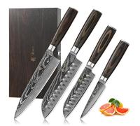 Wakoli EDIB Essentials juego de 4 cuchillos de cocina de damasco, 67 capas con núcleo VG10, chef 20 cm, Santoku 18 cm y 12 cm, puntilla 10 cm, mango de madera Pakka, caja de madera