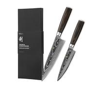 Wakoli EDIB Essentials - Juego de cuchillos de chef Damasco de 2 piezas, cuchillos de cocina profesionales con núcleo VG10 de acero de 67 capas, asas ergonómicas de madera de Pakkawood, cuchillos de