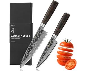 Wakoli EDIB Essentials - Juego de cuchillos de chef Damasco de 2 piezas, cuchillos de cocina profesionales con núcleo VG10 de acero de 67 capas, asas ergonómicas de madera de Pakkawood, cuchillos de