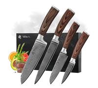 WAKOLI EDIB juego de 4 cuchillos de damasco con núcleo VG10-2 Santoku, cuchillo para carne y cuchillo pequeño de cocina - mangos de madera Pakka en caja de regalo