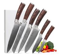 WAKOLI EDIB Juego de Cuchillos de Cocina 6 Piezas, Damasco 67 Capas VG10 | Chef 20 cm, Pan 20 cm, Jamonero 18 cm, Santoku 17 cm, Santoku pequeño 12 cm, Pequeño 8 cm, 60 ± 2 HRC