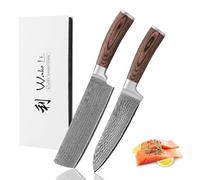 WAKOLI EDIB juego de cuchillos de cocina de 2 piezas en acero de damasco con núcleo VG10, Santoku 17 cm y Nakiri 17,5 cm, mangos de madera Pakka, caja de regalo