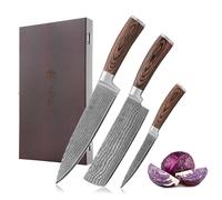 WAKOLI EDIB juego de cuchillos de cocina de 3 piezas en acero de damasco con núcleo VG10, chef 20 cm, Nakiri 17,5 cm y cuchillo multiusos 12,5 cm, mango de madera Pakka, caja de regalo