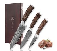 WAKOLI EDIB juego de cuchillos de cocina de 3 piezas en acero de damasco de 67 capas con núcleo VG10, Santoku 17 cm, Santoku pequeño 12,5 cm y pelador 8 cm, mango de madera Pakka, caja de regalo