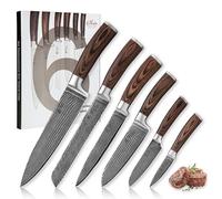 WAKOLI EDIB juego de cuchillos de cocina de 6 piezas de damasco, 67 capas con núcleo VG10, mangos de madera Pakka, chef, pan, jamonero, Santoku, Santoku pequeño y puntilla, caja de regalo