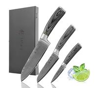 WAKOLI Edis juego de 3 cuchillos de cocina de acero de damasco con núcleo VG10, caja de madera, 2 cuchillos Santoku y cuchillo pelador, hojas de 17 cm, 12,5 cm y 8,5 cm, mango Pakka