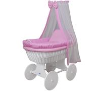 WALDIN Cuna Moisés, XXL,18 Modelos a Elegir,Madera/Ruedas Lacado en Blanco,Color Textil Rosa/a Cuadros