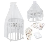 waldin Cuna Ovalada 7en1, Colchón y Ruedas, con Estante, Madera Blanca | Textiles Animales Blancos, de Crecimiento, Cama para Bebé, Colecho de Madera, Evolutiva, Mecedora Opcional