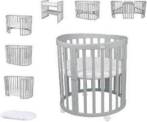 waldin Cuna Ovalada 7en1, Colchón y Ruedas, con Estante, Madera Gris | Sin Juego de Textiles, de Crecimiento, Cama para Bebé, Colecho de Madera, Evolutiva, Mecedora Opcional