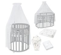 waldin Cuna Ovalada 7en1, Colchón y Ruedas, con Estante, Madera Gris | Textiles Ramas Blancas, de Crecimiento, Cama para Bebé, Colecho de Madera, Evolutiva, Mecedora Opcional