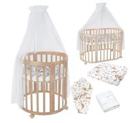 waldin Cuna Ovalada 7en1, Colchón y Ruedas, con Estante, Madera Natural | Textiles Animales Blancos, de Crecimiento, Cama para Bebé, Colecho de Madera, Evolutiva, Mecedora Opcional