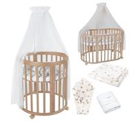 waldin Cuna Ovalada 7en1, Colchón y Ruedas, con Estante, Madera Natural | Textiles Diente de león Blanco, de Crecimiento, Cama para Bebé, Colecho de Madera, Evolutiva, Mecedora Opcional