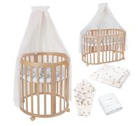 waldin Cuna Ovalada 7en1, Colchón y Ruedas, con Estante, Madera Natural | Textiles Diente de León Champán, de Crecimiento, Cama para Bebé, Colecho de Madera, Evolutiva, Mecedora Opcional