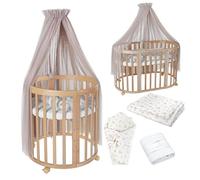 waldin Cuna Ovalada 7en1, Colchón y Ruedas, con Estante, Madera Natural | Textiles Ramas Taupe, de Crecimiento, Cama para Bebé, Colecho de Madera, Evolutiva, Mecedora Opcional