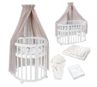 Waldin Cuna Ovalada 7en1, con Colchón y Ruedas, con Cambiador, de Crecimiento, Cama para Bebé, Colecho de Madera Blanco, Textiles Ramas Taupe