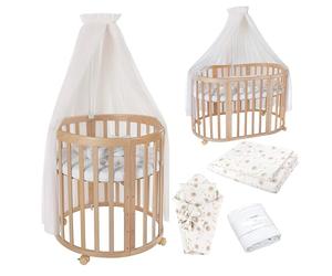 Waldin Cuna Ovalada 7en1, con Colchón y Ruedas, con Cambiador, de Crecimiento, Cama para Bebé, Colecho de Madera Natural, Textiles Diente de León Champán