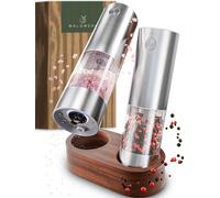 WALDWERK Juego de Molinillos de Pimienta y Sal Eléctrico (batería de 300 mAh) - Molinillo Pimienta electrico con soporte elegante de acacia - Set de Salero y Pimentero electrico