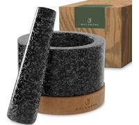 WALDWERK Mortero con Mano (12 cm de diámetro) - Mortero cocina sobre una base elegante y estable de madera de acacia - Mortero piedra con mazo de granito natural