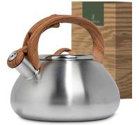 WALDWERK Teteras para fogón (2,3 L) - Tetera Hervidor apto para inducción y cocina de gas - Tetera inducción con asa de imitación madera - Pava con silbato, de acero inoxidable y plástico