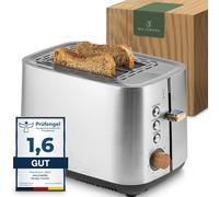 WALDWERK Tostadora de diseño, de acero inoxidable 304 y madera de roble, para 2 rebanadas, con accesorio para panecillos, con compartimentos extra anchos y profundos, con bandeja recogemigas
