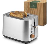 WALDWERK Tostadora Pan diseño - Tostador de acero inoxidable 304 y madera de roble - para 2 rebanadas - con soporte para panecillos - con ranuras extra anchas y profundas - con bandeja recogemigas