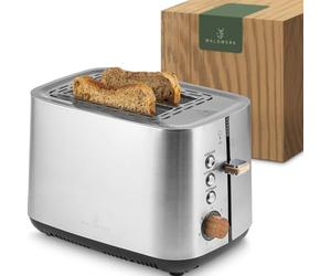 WALDWERK Tostadora Pan diseño - Tostador de acero inoxidable 304 y madera de roble - para 2 rebanadas - con soporte para panecillos - con ranuras extra anchas y profundas - con bandeja recogemigas