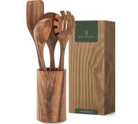 WALDWERK Utensilios de cocina madera teca - Set de 4 cucharas con espátula, cuchara de madera, cucharón para pasta y soporte - Accesorios cocina de madera - Utensilios cocina