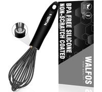 Walfos Batidor de 21,5 cm de silicona negro, acero inoxidable, alambre de silicona, batidor de globos, batidor de cocina para mezclar, batir, espumar y remover