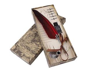Walfront Bolígrafo Antiguo, Punta Vintage Bolígrafo de Inmersión de Metal 5 Puntas Diferentes Membrete y Caja Exquisita (pluma roja) para Escritura en Inglés