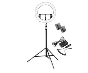Walimex pro - Anillo de luz LED 500 Bi Color Plus con trípode y 2 baterías - 50cm de diámetro, Regulable, 3200 - 5600 K, Funciona con batería NP-F o Fuente de alimentación, con trípode de 256 cm